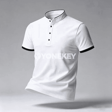 Erkekler üçin minimal stend ýakaly gysga ýeňli polo köýnek