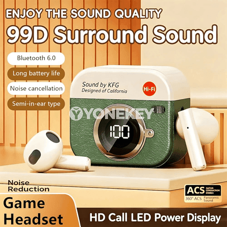 Bluetooth TWS nauşnikler, retro kamera görnüşli, HiFi bass, çalt ses