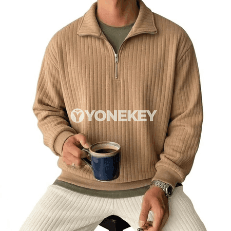 Erkekler üçin zolakly fermuarly polo ýaka sweatshirt
