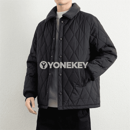 Erkekler üçin gyş ýyly pagta başly jaket, giň kesimli gündelik palto