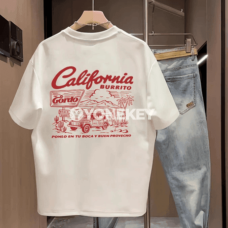 Retro California Burrito erkek futbolkasy, giň kesim, pagta, gysga ýeňli
