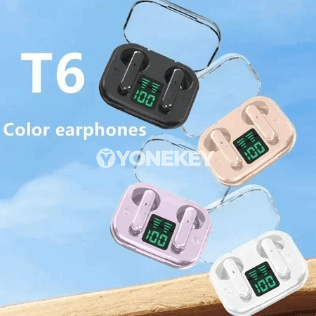 TWS T6 simsiz Bluetooth naýşnikler, LED görkeziji, mikrofonly