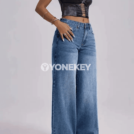 Zenanlar üçin giň balakly vintage jeans, ýokary belli, gündelik stil