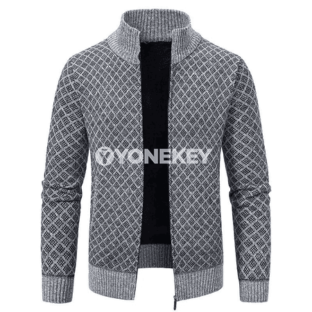Erkekler üçin ýyly knitted kardigan, zipli, güýz-gyş modeli
