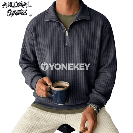 Erkekler üçin zolakly fermuarly polo ýaka sweatshirt