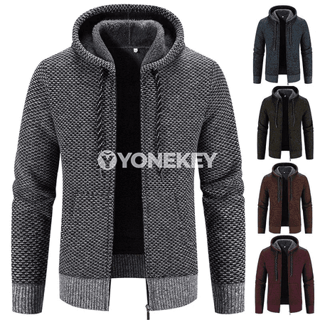 Erkekler üçin kapüşonly ýyly trikotaž kurtka, gündelik stil