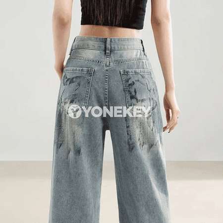 Aýal-gyzlar üçin ýokary belli giň pera balak, retro denim