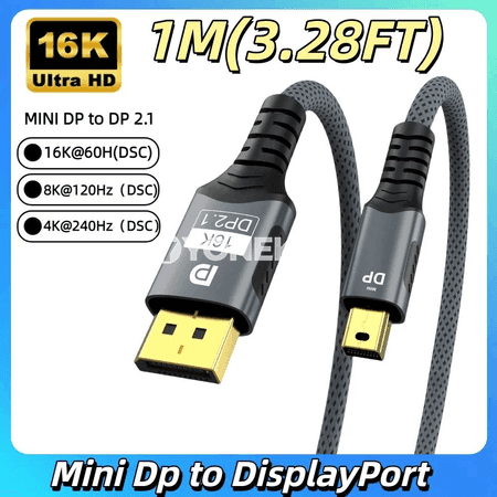 Mini DP to DisplayPort kabeli, 16K@60Hz, 8K@120Hz, bi-directional