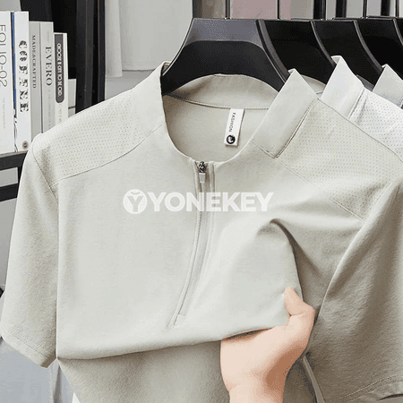 Erkekler üçin ýeňil dem alýan ýarym zip polo köýnek, tomuslyk