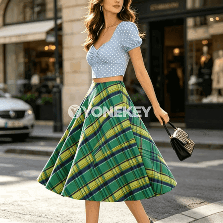 Zenanlar üçin ýokary belikli klassiki inçejik plaid yubka
