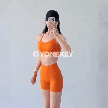 Aýallar üçin 2 bölekli tikinsiz ýoga toplumy, sport bra we şortik