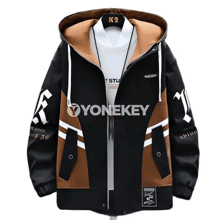Erkekler üçin kapýuşonly ýeňil jacket — güýz ýaz, nagyşly, ululykly