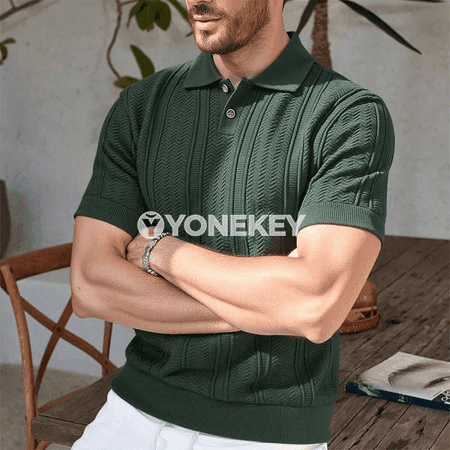 Erkekler üçin ýeňil trikotaž polo köýnek, gysga ýeňli