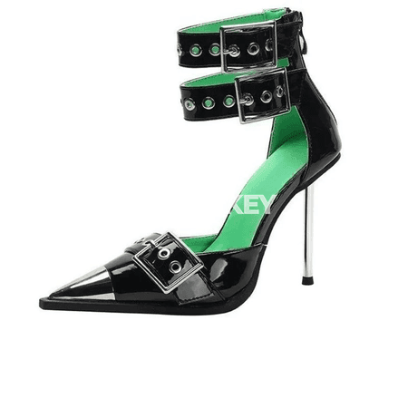 Stiletto ökjeli metal sandallar, ýeňillikli, yzdan zipperli
