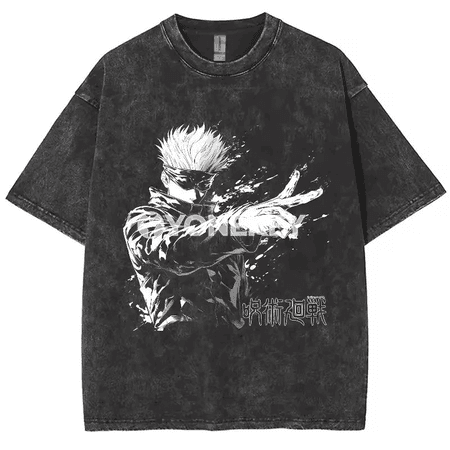 Gojo Satoru anime erkek-gyzlar üçin pagta futbolka, retro stil