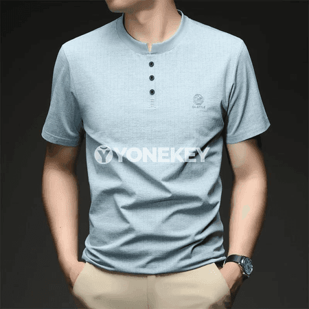 Erkekler üçin ýumşak elastik matadan Henley ýakaly moda futbolka