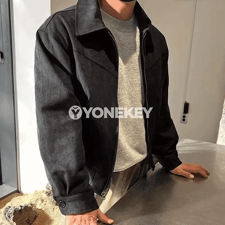Erkekler üçin retro süet bomber kurtka, güýz ýaz üçin