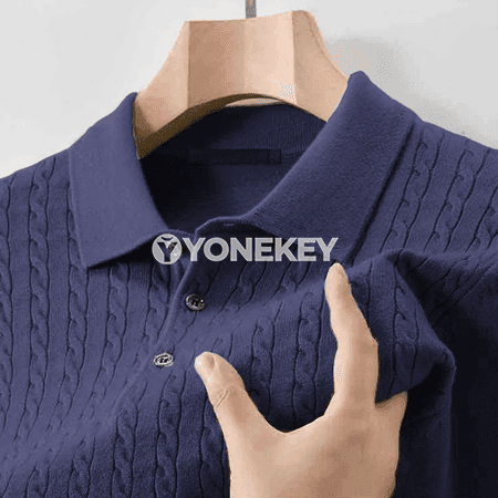 Erkekler üçin güýzlük polo switer, V boýun, düwmejikli