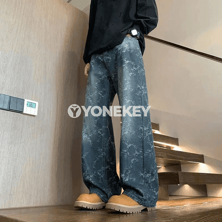 Erkekler üçin retro giň jeans, düz nogry kesimli, rahat stil