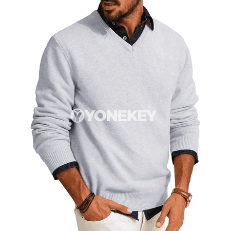Erkekler üçin V boýun ýeňil switer, güýz-gyş üçin amatly model