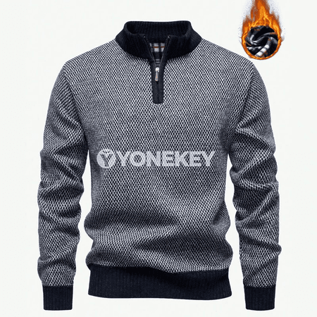 Erkekler üçin polo stilli zip boýun switer, ýyly dokalan model
