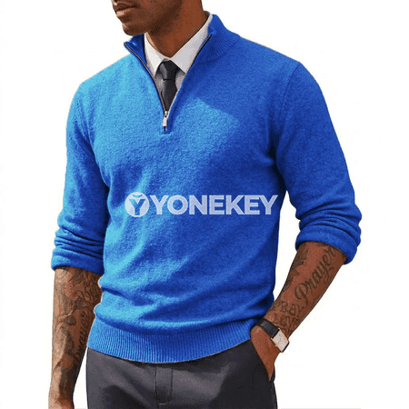 Erkekler üçin ýeňil zipperli polo switer, dar kesimli, gündelik stil