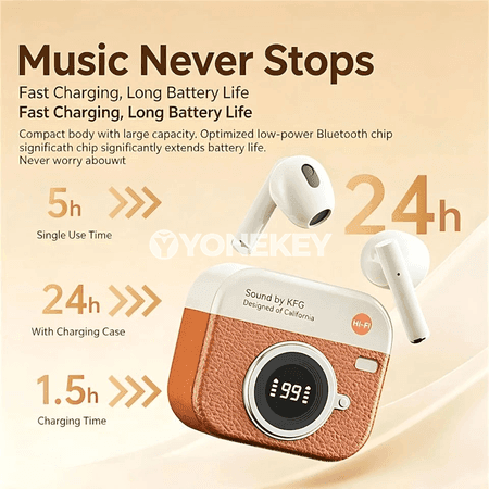 Bluetooth TWS nauşnikler, retro kamera görnüşli, HiFi bass, çalt ses