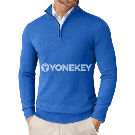 Erkekler üçin ýarym zip örme switer, ýeňil dar kesim, gündelik