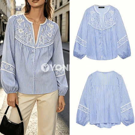 Aýal-gyzlar üçin giň kesimli zolakly nagyşly ýazky köýnek-bluza