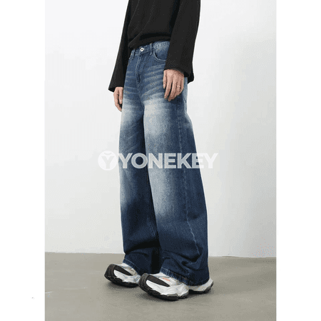 Erkekler üçin giň görnüşli vintaj denim jinsiler, göni kesim