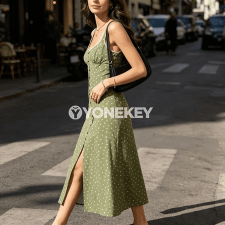 Ýaşyl nokatly arka açyk aýal-gyzlar köýnegi, tomusky uzyn A-line model
