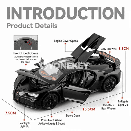 1:32 Bugatti Chiron GT metal sport awtoulag modeli, sesli we ýagtylykly
