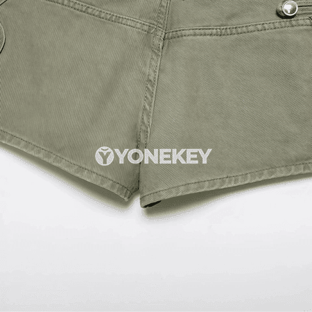 Zenanlar üçin ýokary belli ýazlyk denim şortik, düwmejikli, göni kesim