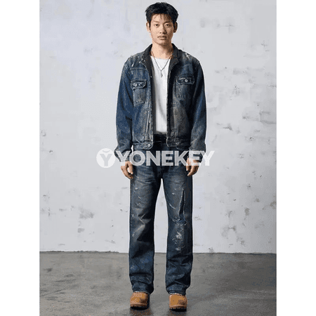 Erkekler üçin giň kesimli, ýeňil wash jeans jalbar