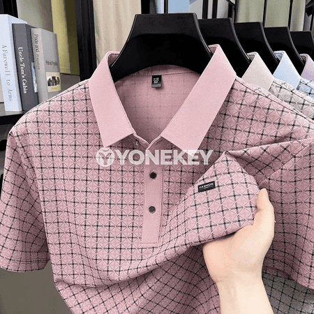 Erkekler üçin gysga ýeňli jacquard polo köýnek, ýeňil we rahat