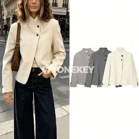 Zenanlar üçin ýokary boýun blazer, giň kesimli, ýeňli ofis penjek