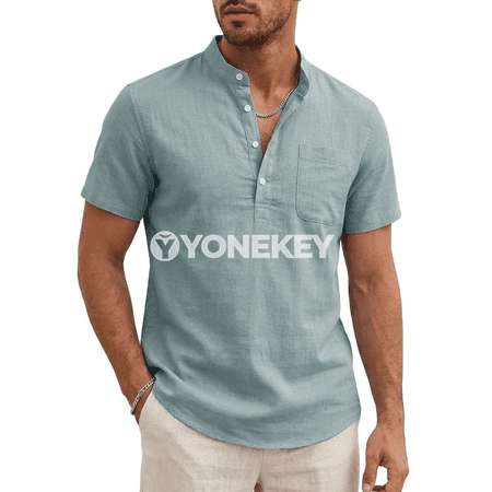 Erkekler üçin ýeňil Henley futbolka, gysga ýeňli, tomusky