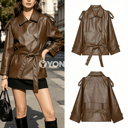 Zenanlar üçin goňur trench palto, guşakly, uzyn ýeňli, klassik stil