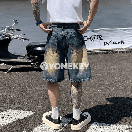 Erkekler üçin giň kesimli denim şortikler, ýaz-ýaz tomuslaýyn gündelik stil