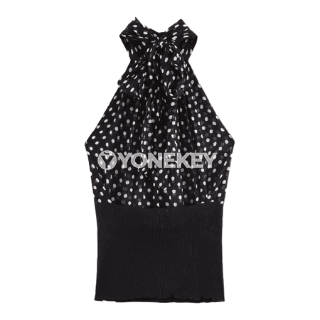 Zenanlar üçin gara nokatly halter ýeňsiz top, tomusky slim fit