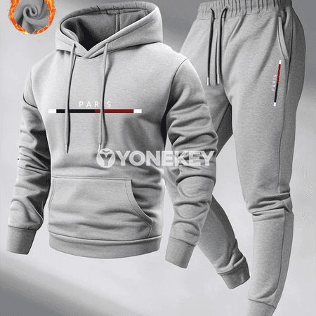 Erkekler üçin ýyly kapýuşonly gyş sport kostýumy, giň biçimli