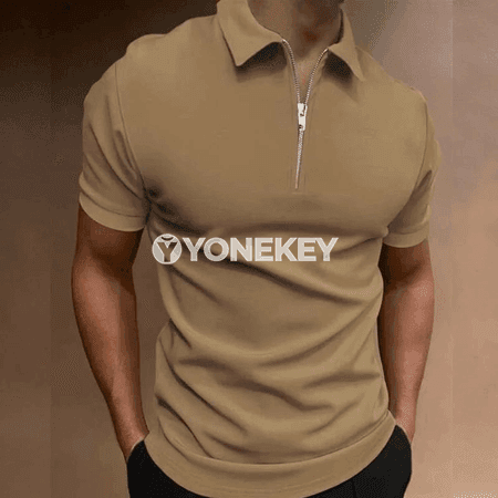 Erkekler üçin ýazky polo futbolka, gysga ýeňli, fermuarly, gündelik model