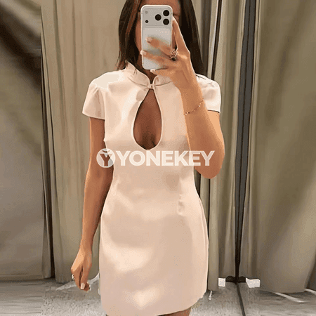 Zenanlar üçin ýaz-tomus slim fit satin mini köýnek, dury ýakaly