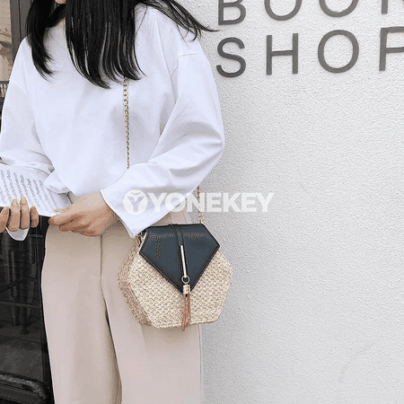 Aýallar üçin hexagon boho otly sumka, elde dokalan tomus modeli