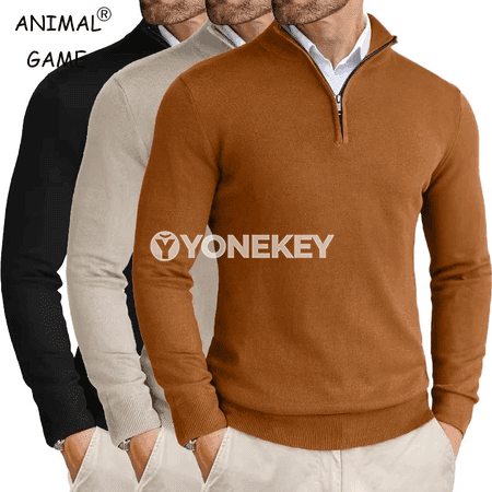 Erkekler üçin ýarym zip örme switer, ýeňil dar kesim, gündelik