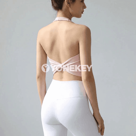 Aýal sporty bra: ýokary goldawly, arka açyk, ýoga we fitnes üçin