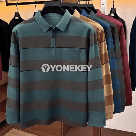 Erkekler üçin zolakly uzyn ýeňli polo kofta, döş jübüli