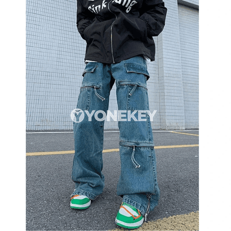 Erkekler üçin giň biçimli gök denim jinsy balak, gündelik stil