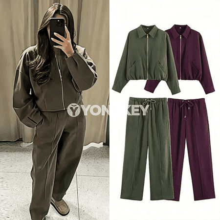Zenanlar üçin ýaz güýz 2 bölek kostýum: jaket we giň balak
