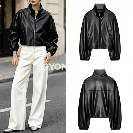 Aýal-gyzlar üçin gara deri jaket, giň boýunly, uzyn ýeňli